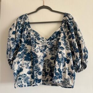 Elegant Floral Women's Blouse in Blue and White